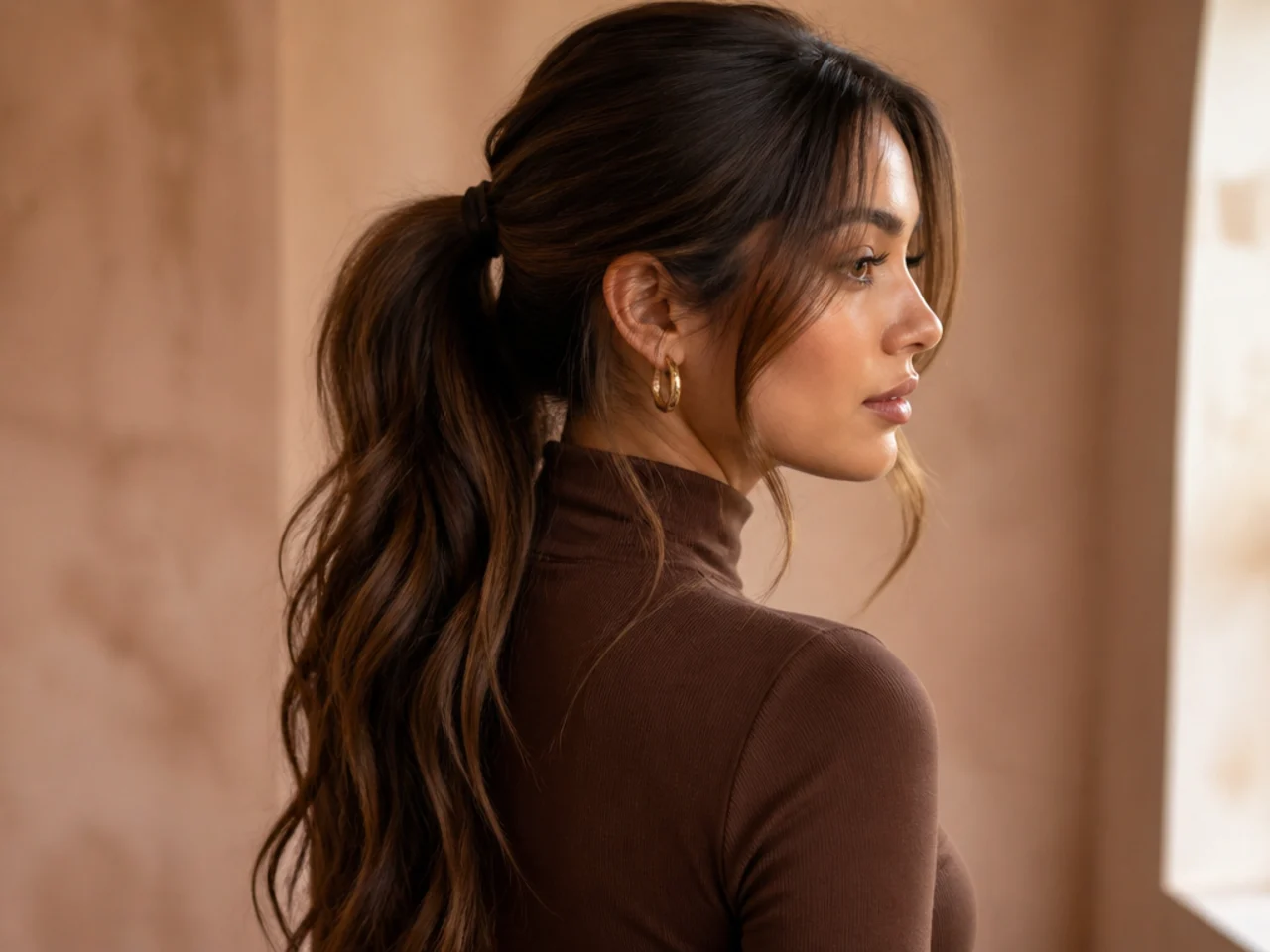 A long ponytail with soft face framing pieces left loose at the front