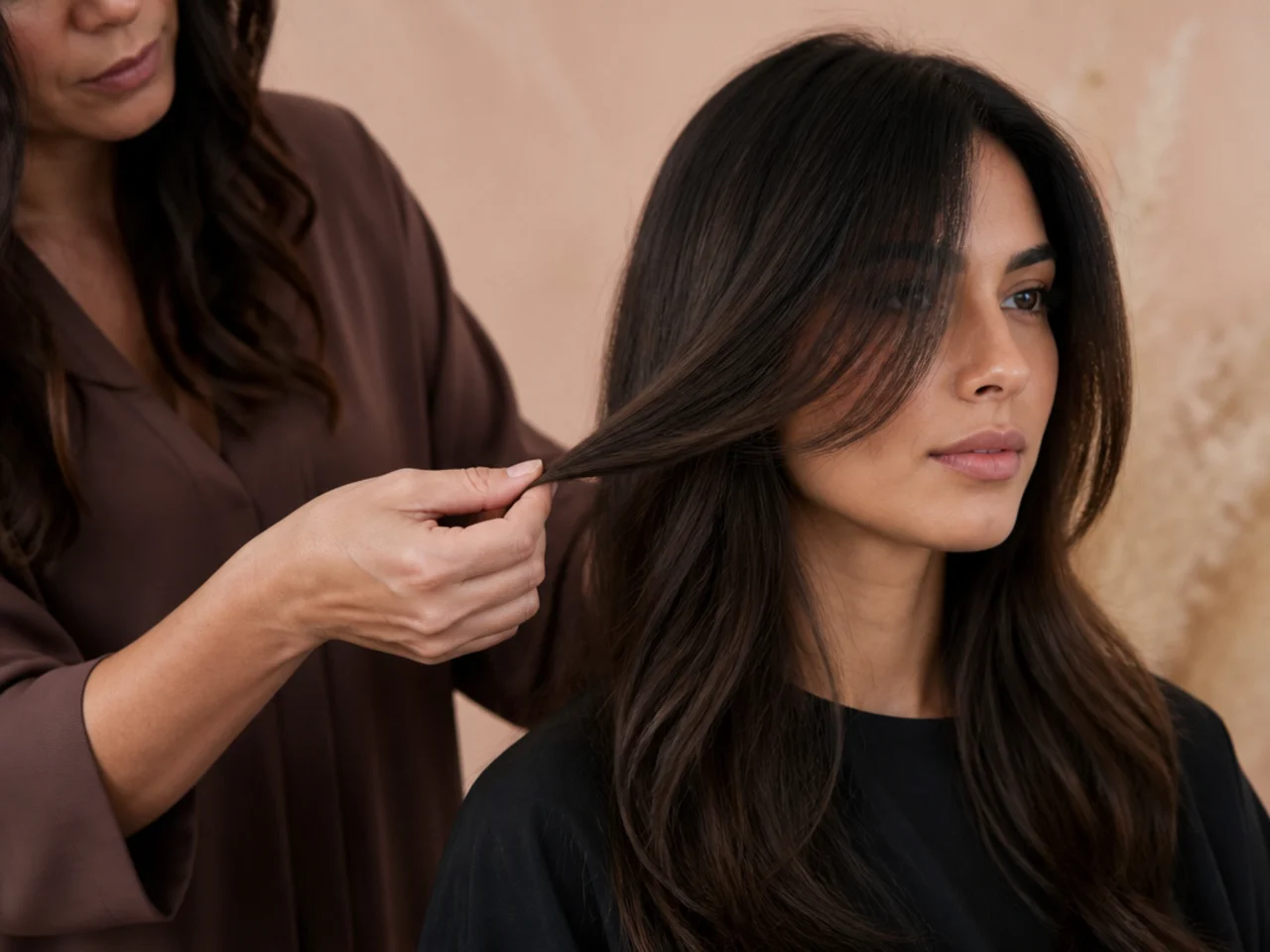 A stylist holding a section of long hair forward to show overdirection at the face