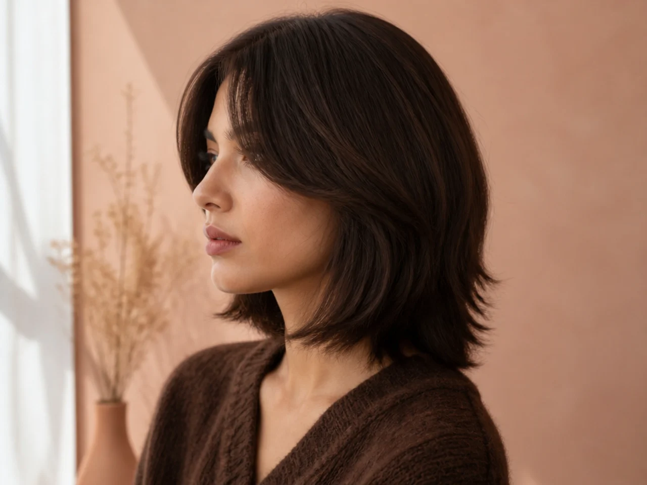 A flat shelf line at the jaw on an unstyled two tier haircut