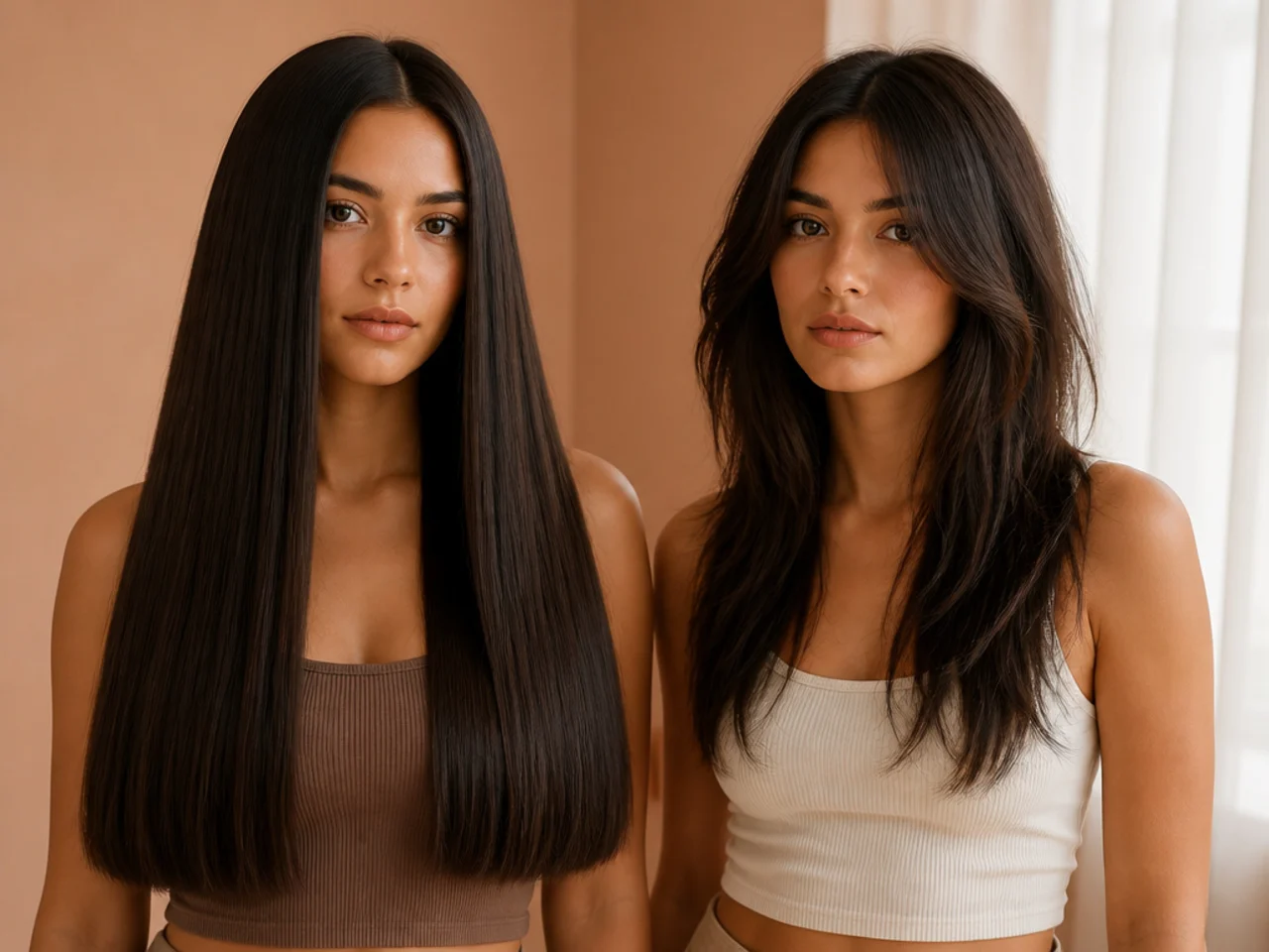 Two long haircuts side by side showing a blunt heavy perimeter against thinned piecey ends