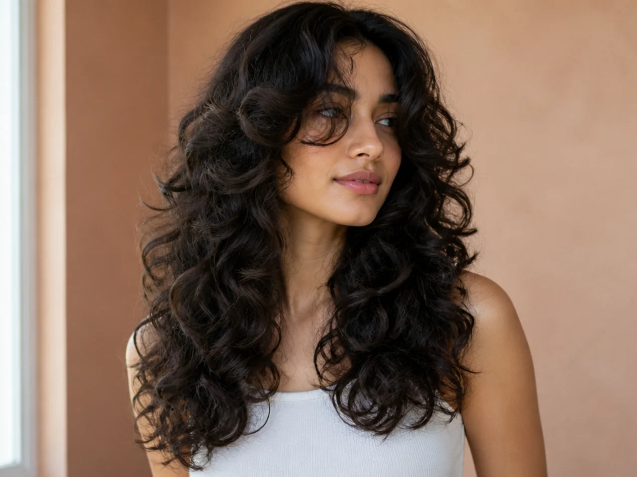 A butterfly haircut on curly long hair