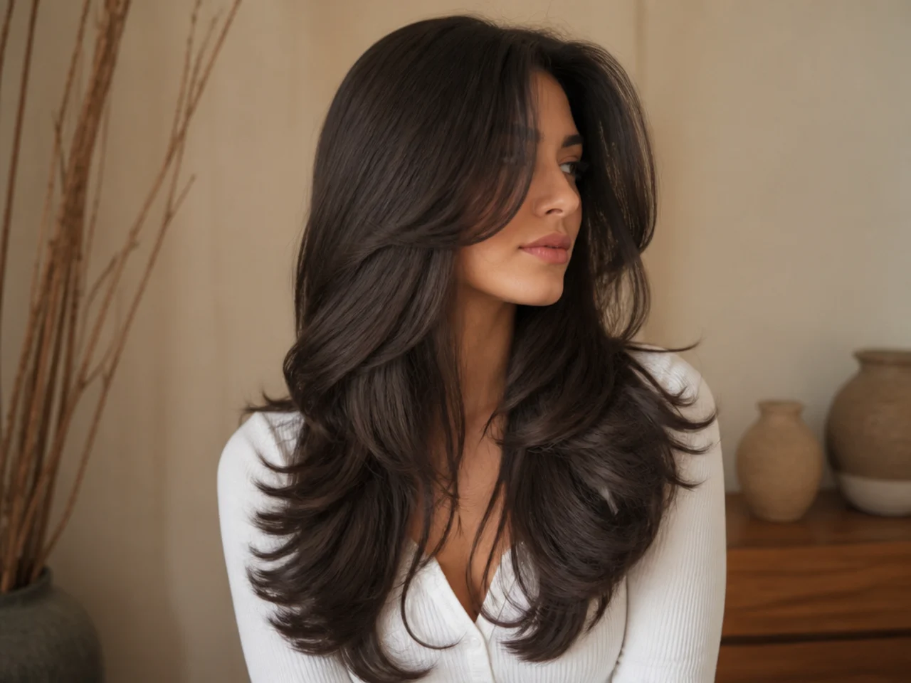 A butterfly haircut on thick long hair