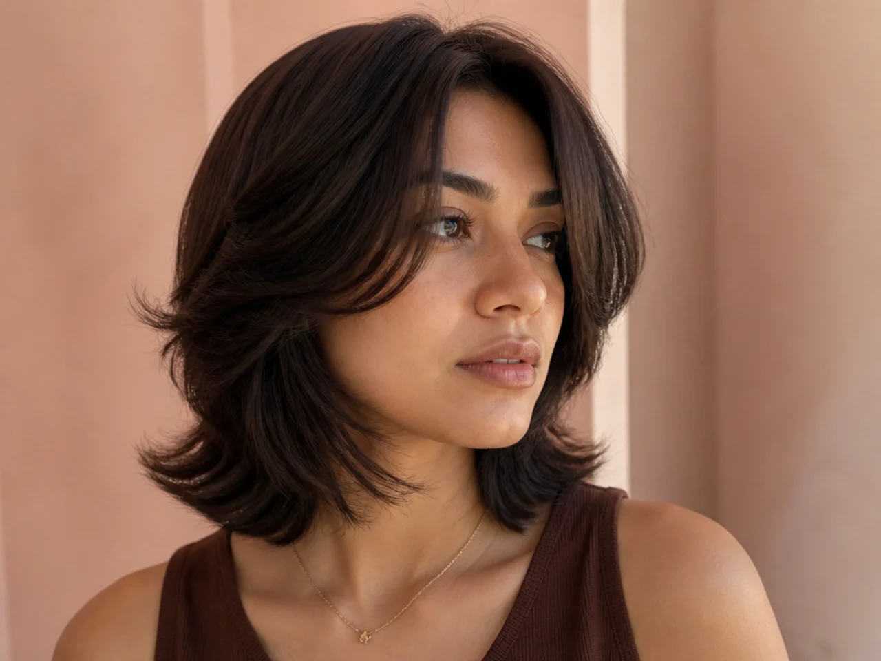 A butterfly haircut with a chin length short layer