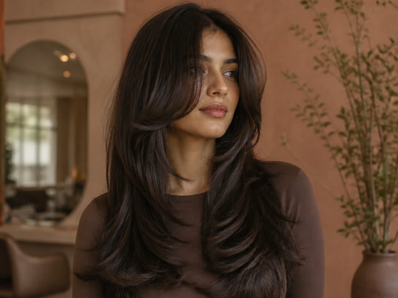A butterfly haircut with a blunt perimeter