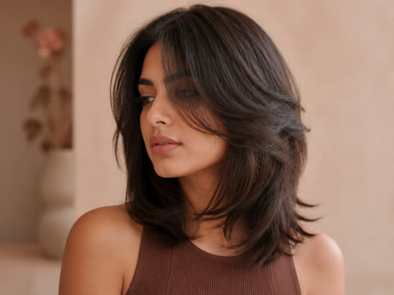 A butterfly haircut with a collarbone length short layer