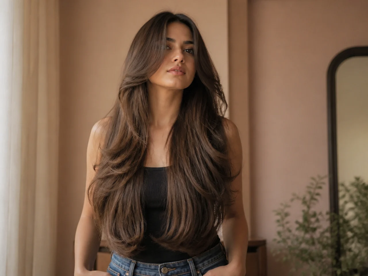 A waist length butterfly haircut