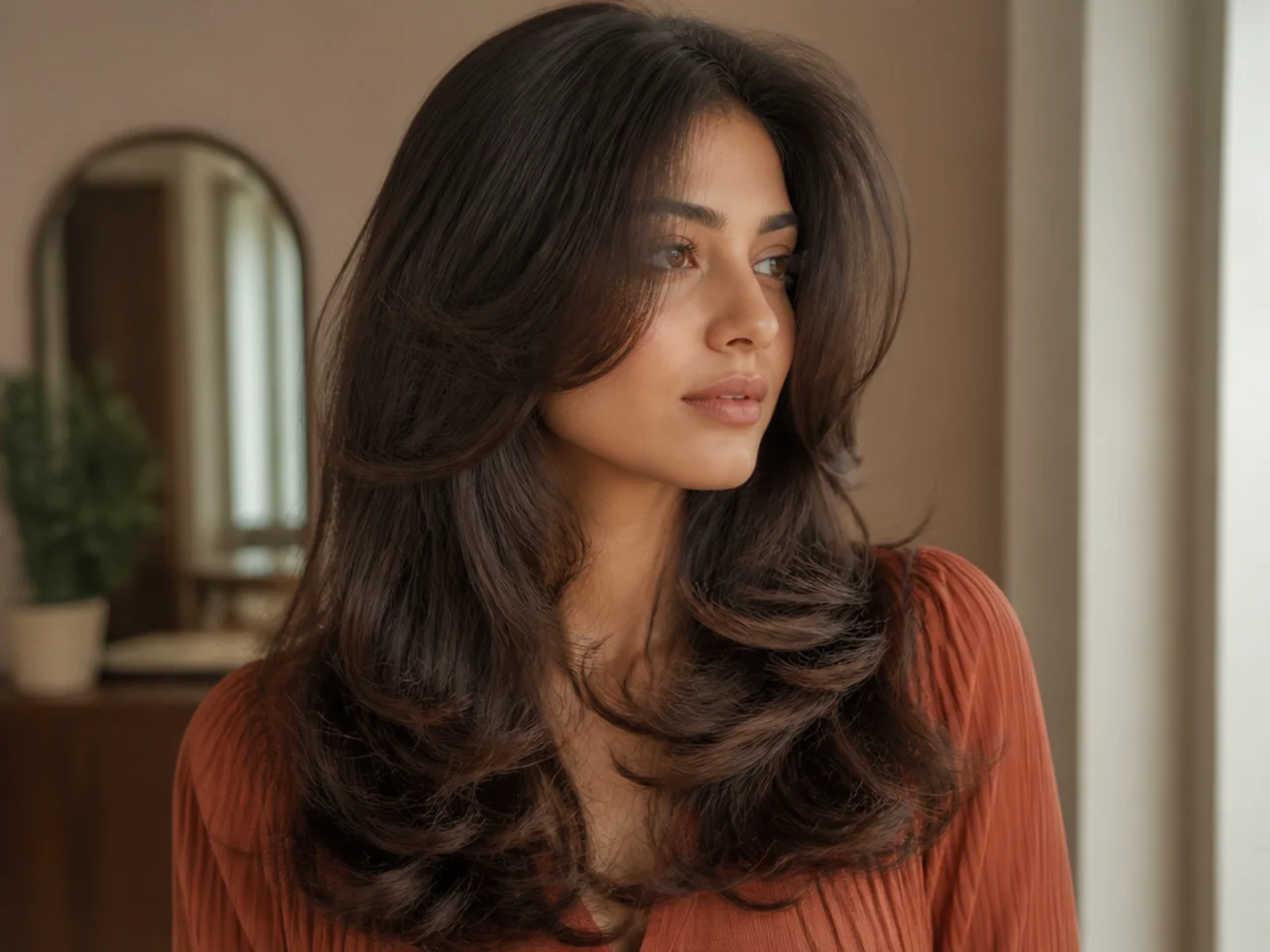 A butterfly haircut blow dried with a round brush