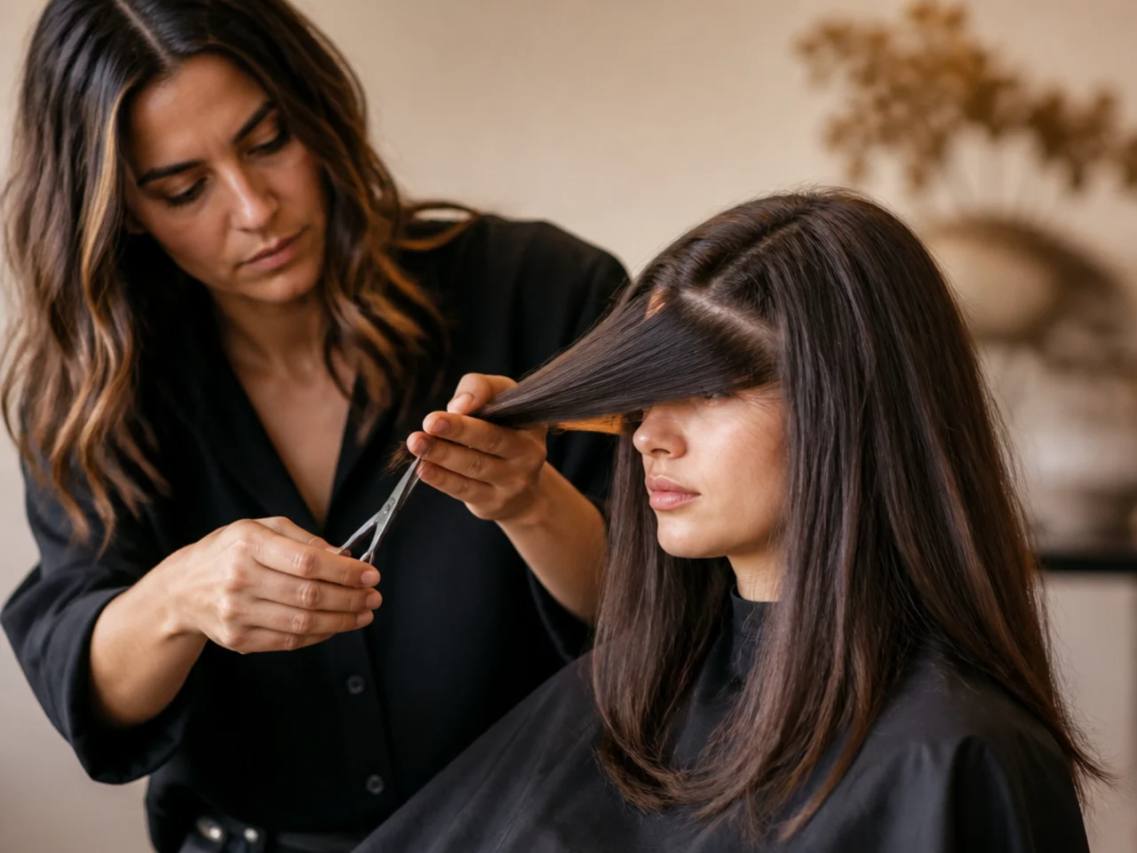 A stylist overdirecting the front section forward before cutting