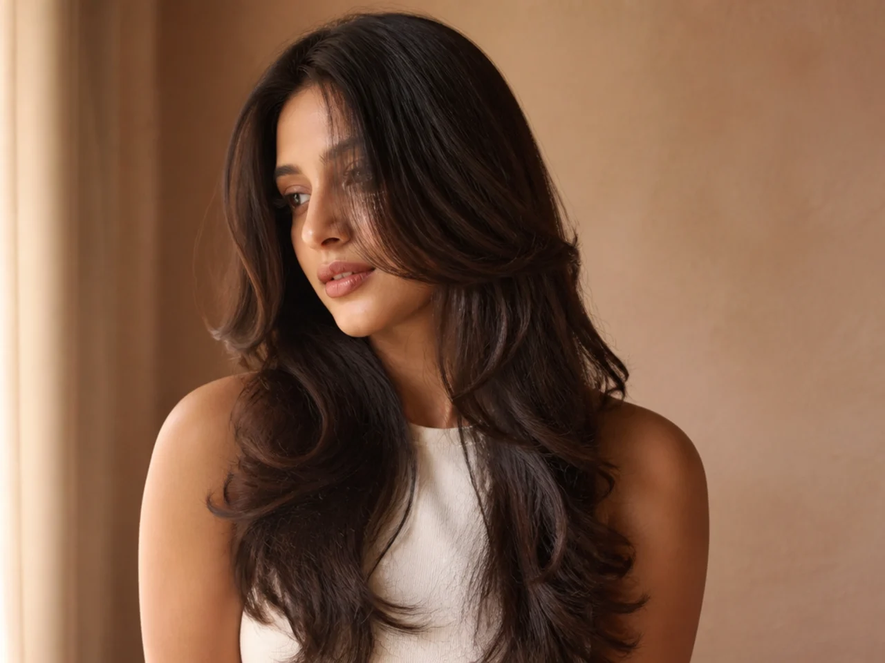 A three quarter view of a butterfly haircut on long hair
