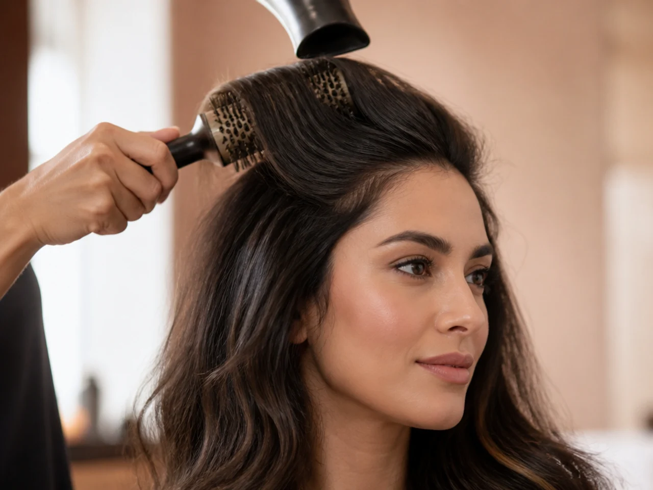 A large round brush setting the front layer backwards under a dryer
