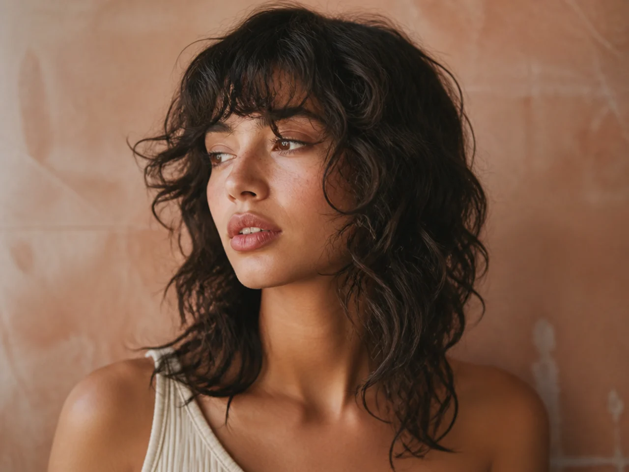 Air dried wavy hair with natural separation between the short and long layers