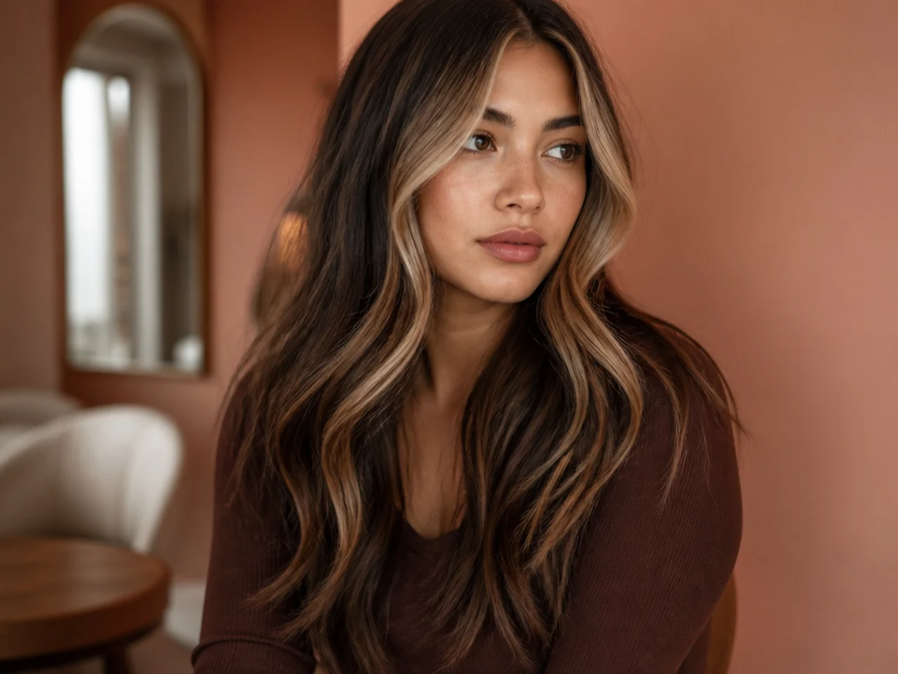 Two lightened front sections framing the face over darker long layers