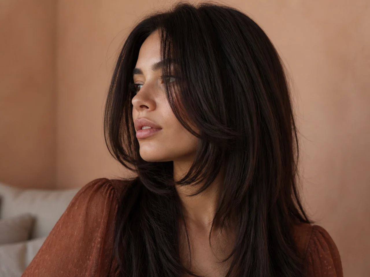 A dramatic chin length front layer curving away from the face over long hair
