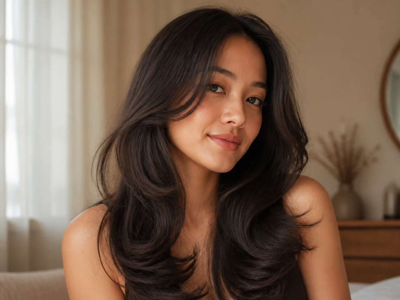 Soft rounded butterfly layers curving inward towards the cheeks
