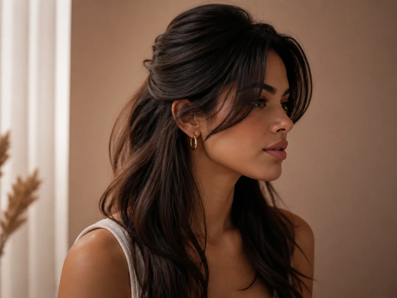 A half up style with the short butterfly layers left loose around the face