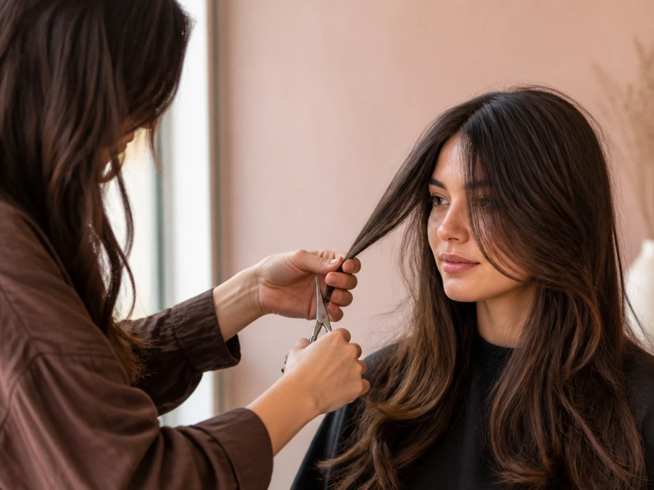 A stylist recutting only the face framing layers on grown out long hair