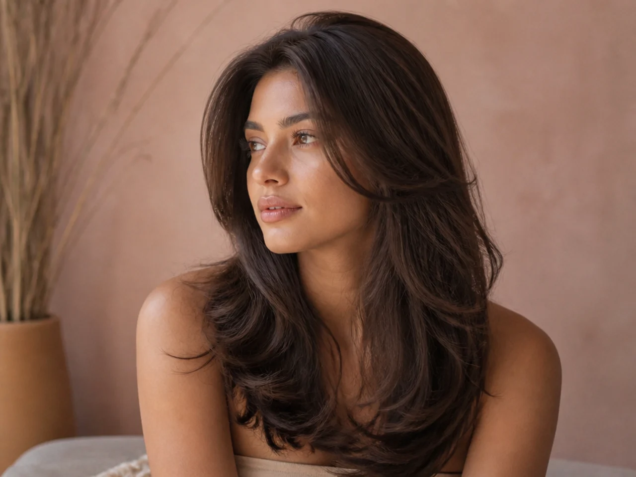 A butterfly cut with no fringe and the front layers swept back from the face