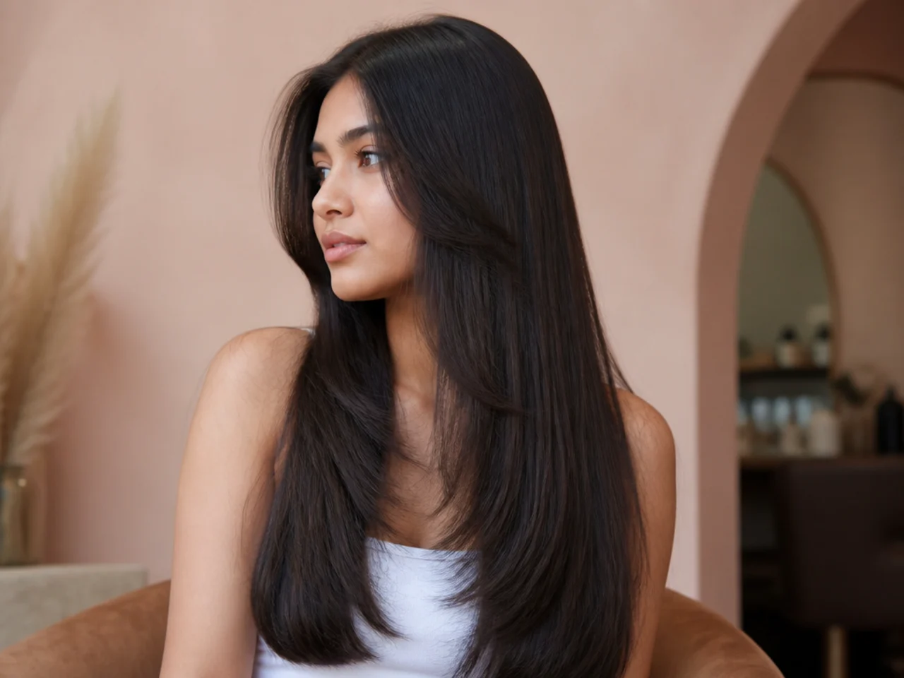 Poker straight long hair with a clearly visible butterfly layer line