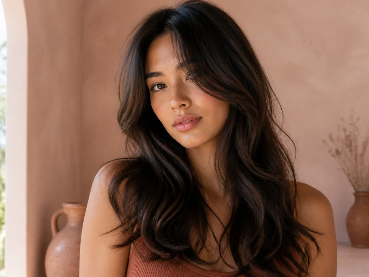 Loose waves through long butterfly layers with soft movement at the face