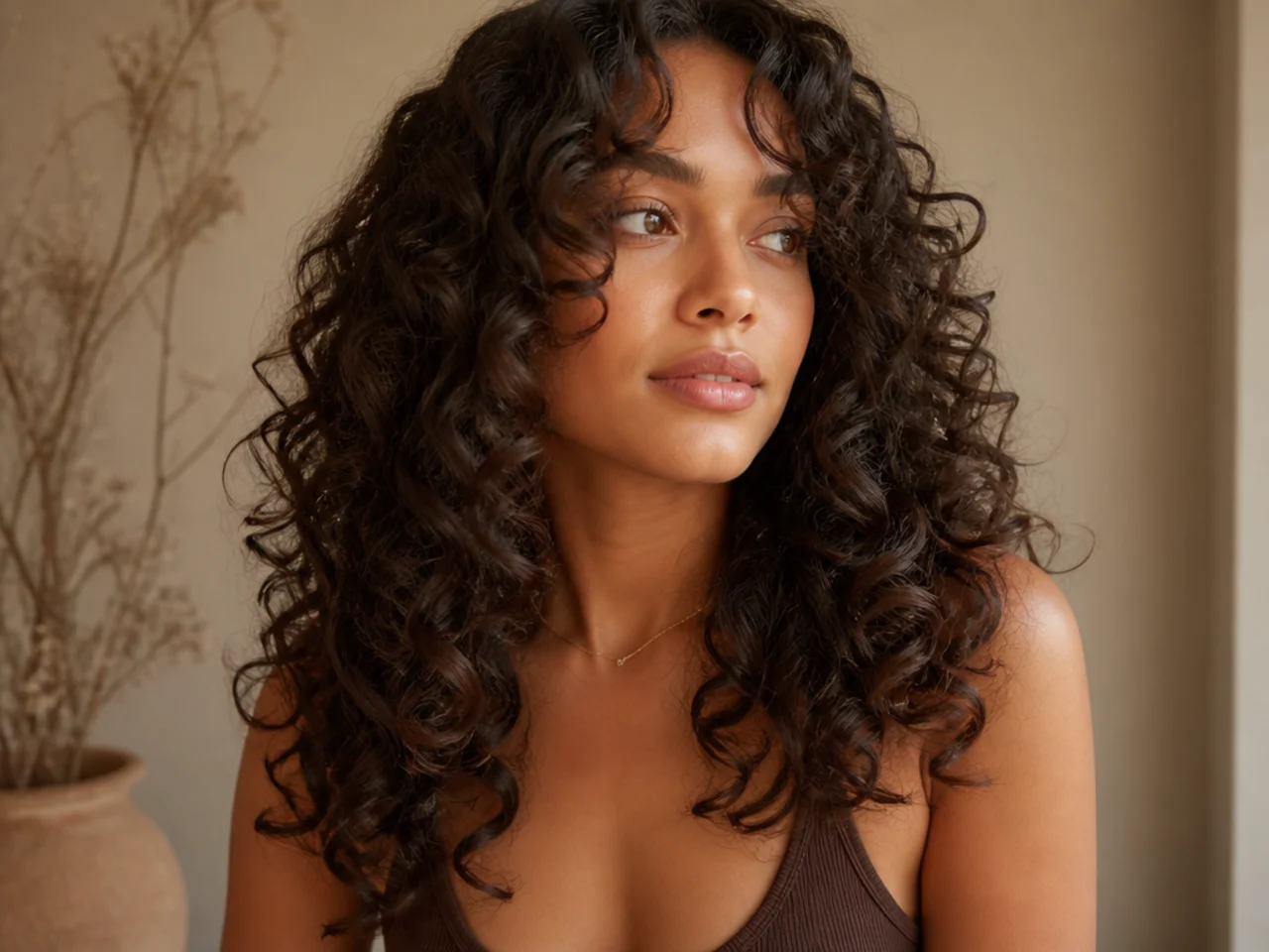Defined curls cut into long butterfly layers with shorter pieces at the face