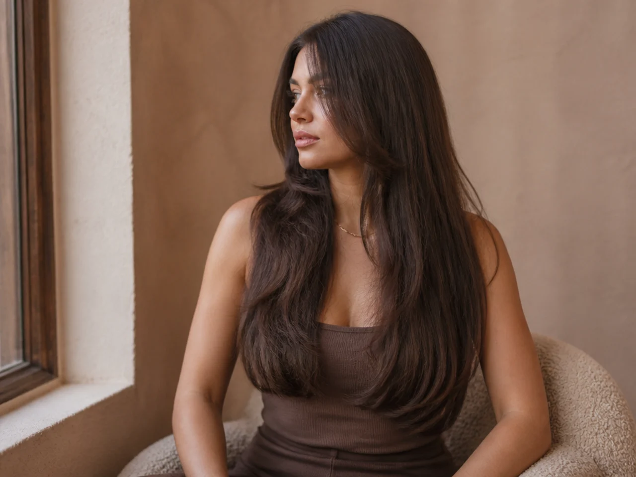 Fine long hair with two soft face framing layers and a heavy blunt perimeter