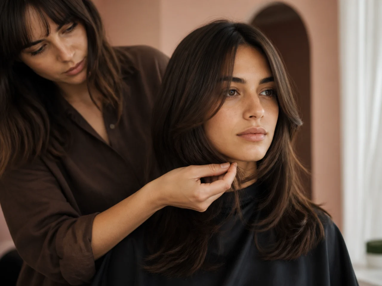 A stylist holding the shortest face framing layer against the chin to check its length