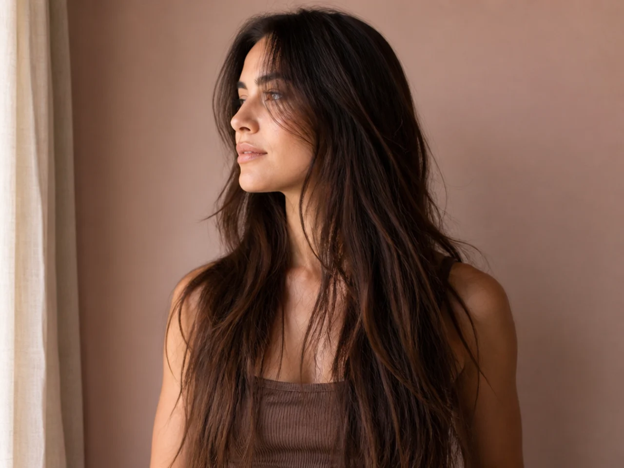 Over layered long hair with thin separated ends and no clear shape
