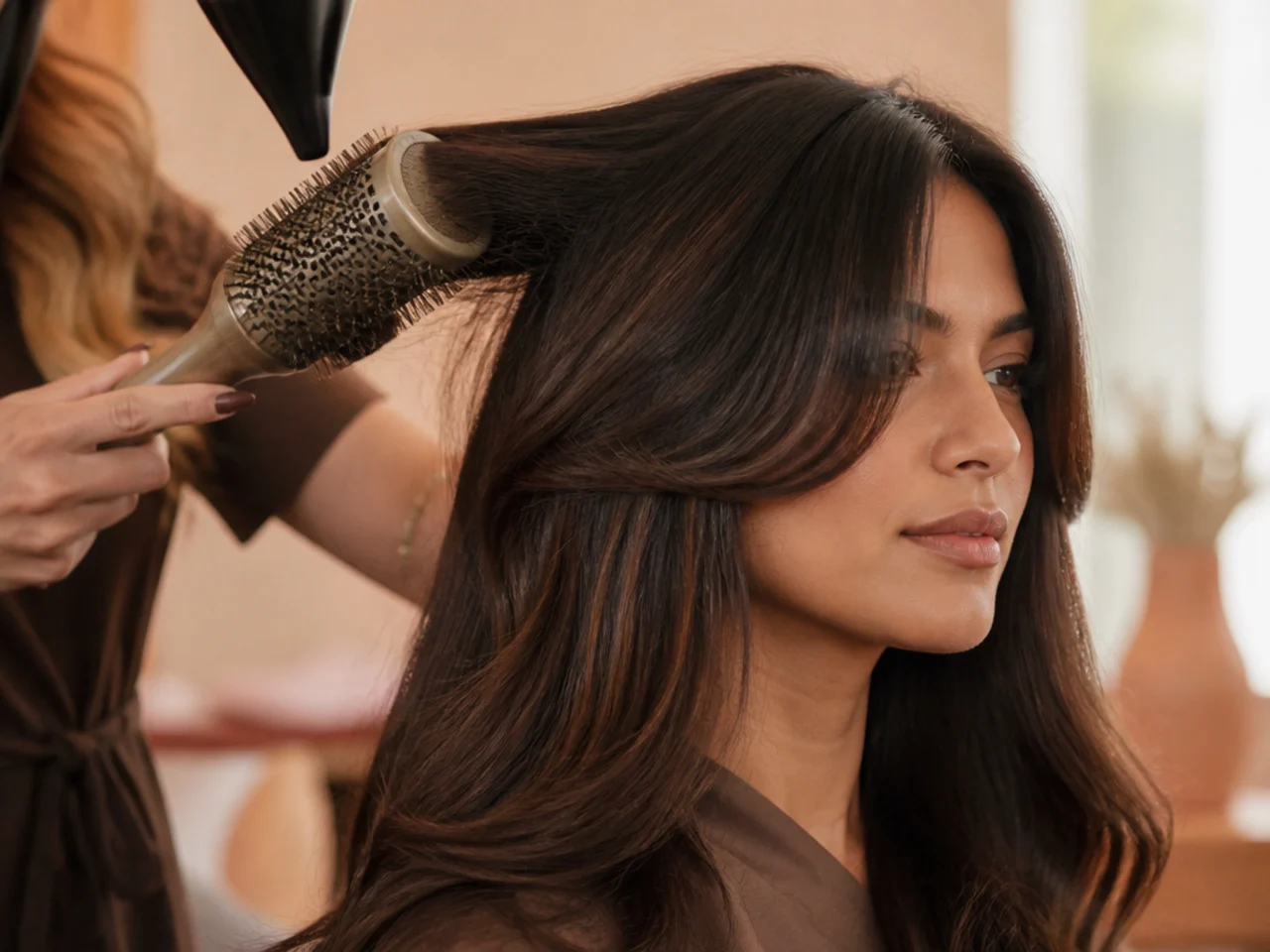 A round brush drying the front butterfly layer backwards away from the face
