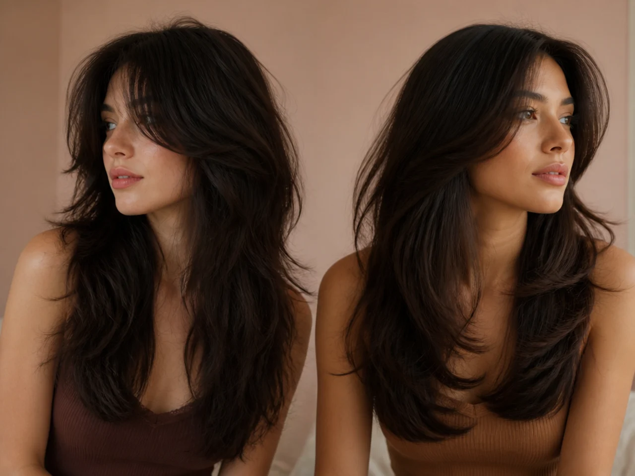 Side by side of a continuously layered shag and a two length butterfly cut