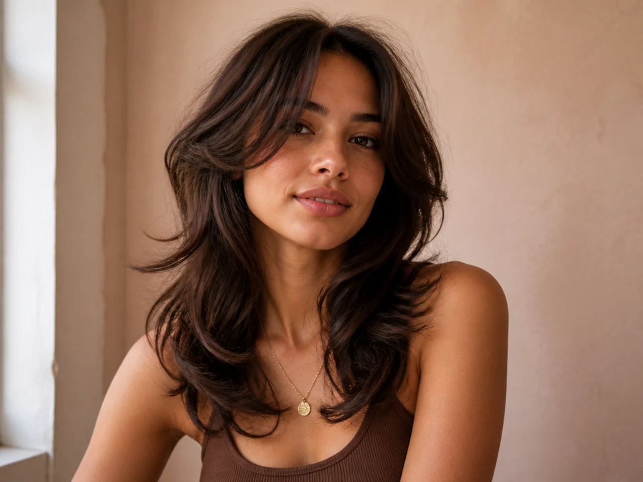 A medium butterfly haircut on wavy hair
