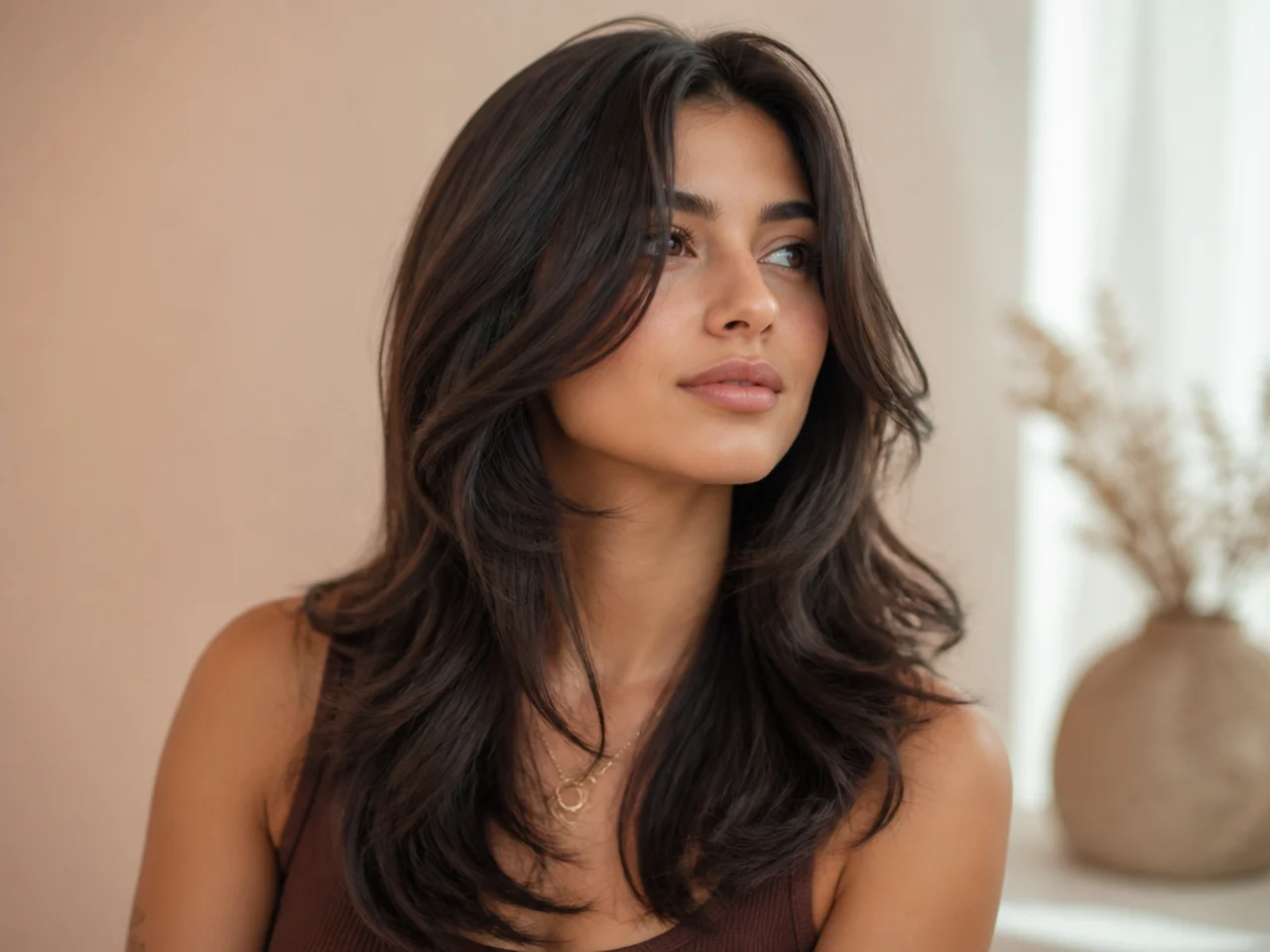 A butterfly haircut with cheekbone length face framing pieces