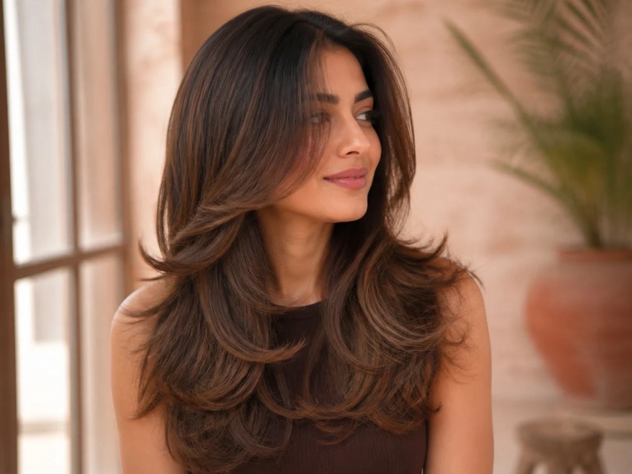 A butterfly haircut with balayage through the top tier