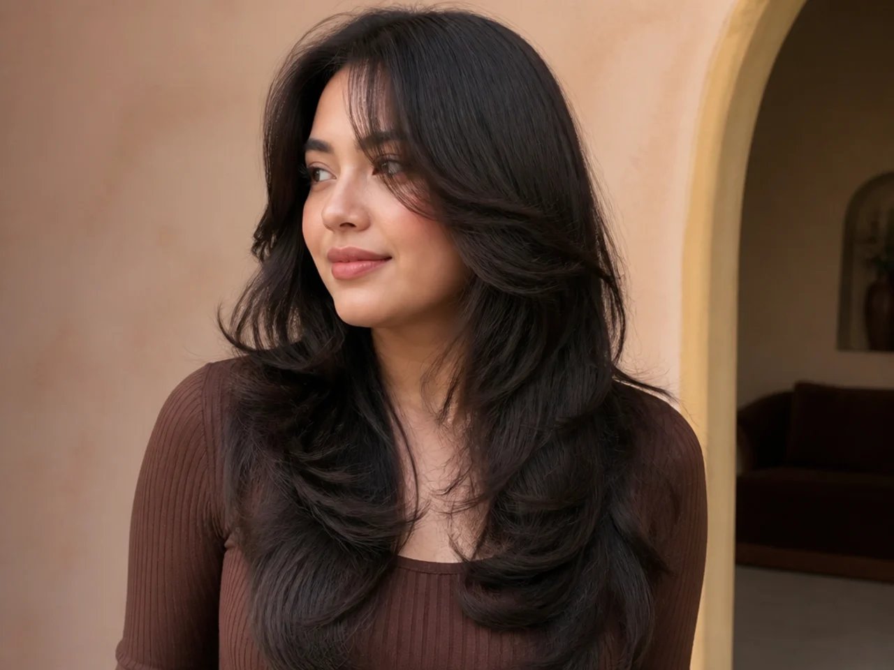 A butterfly haircut with a longer front for a round face
