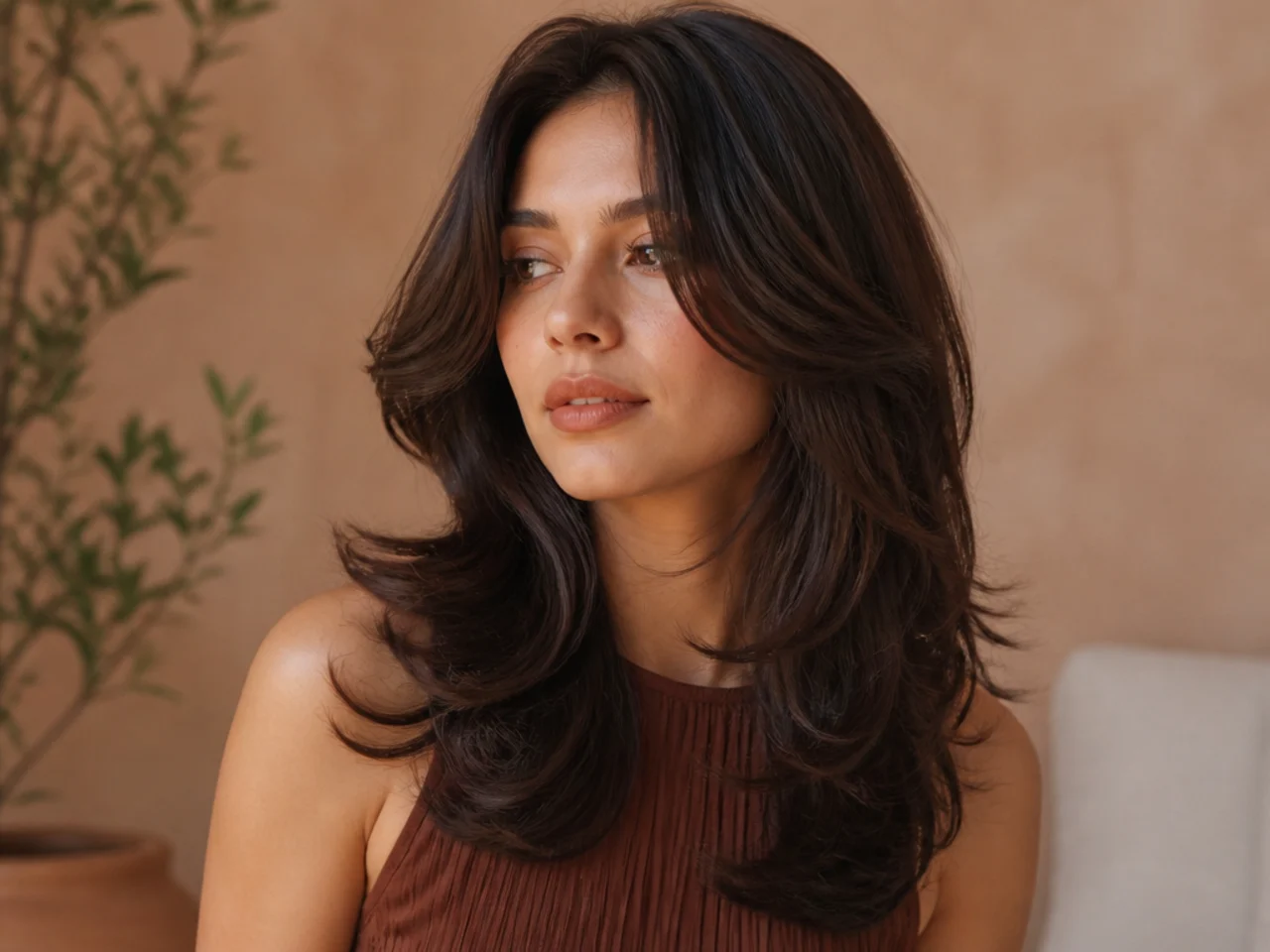 A butterfly haircut with softened ends for a square face