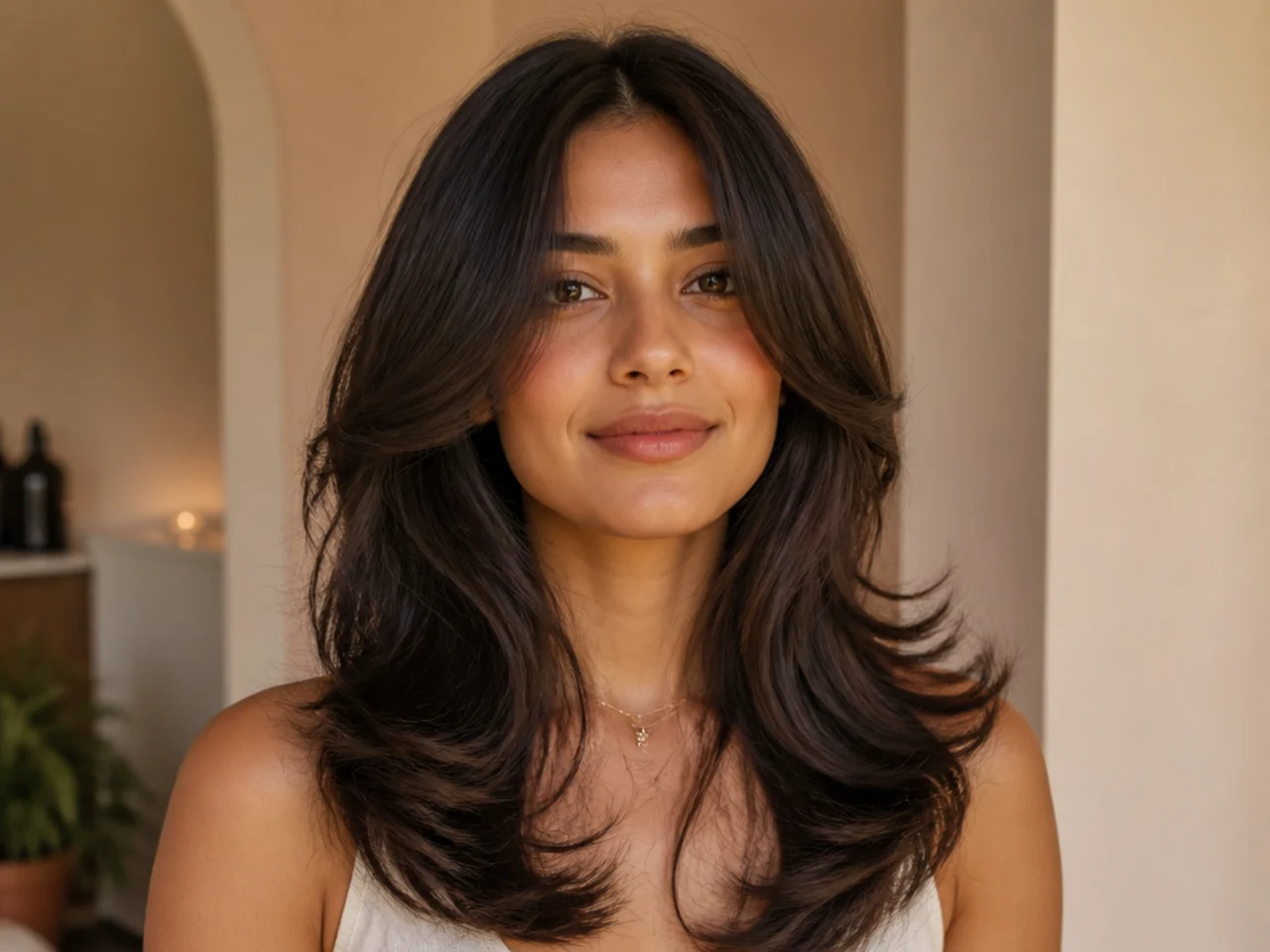 A butterfly haircut with width at the cheekbones