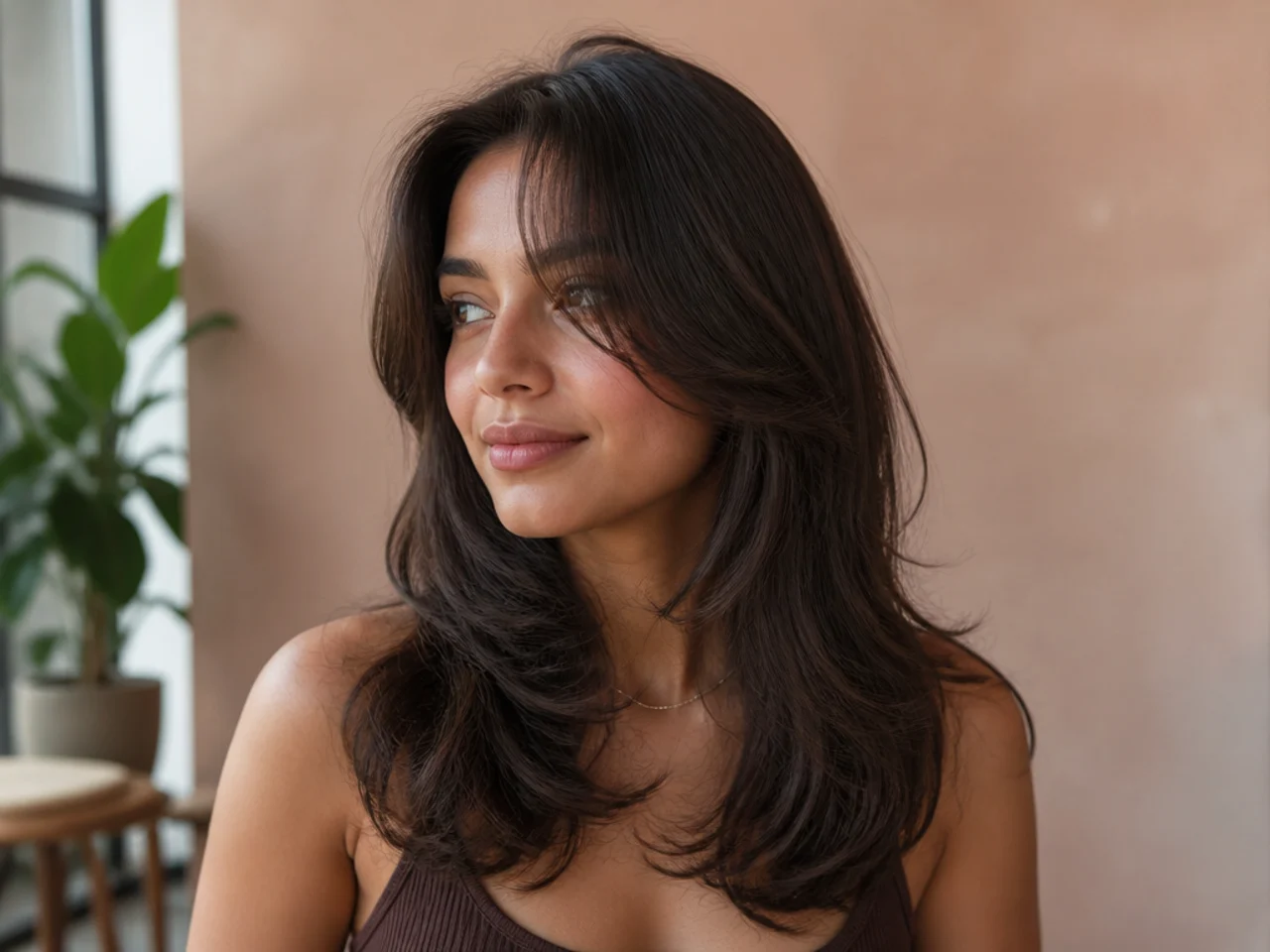 A medium butterfly haircut with a curtain fringe