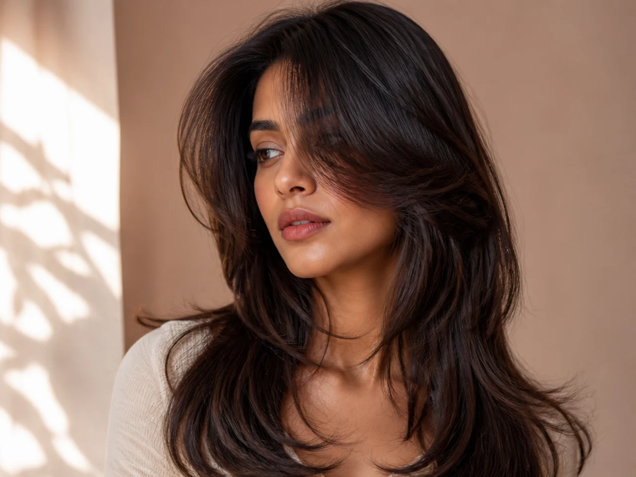 A butterfly haircut with a deep side parting