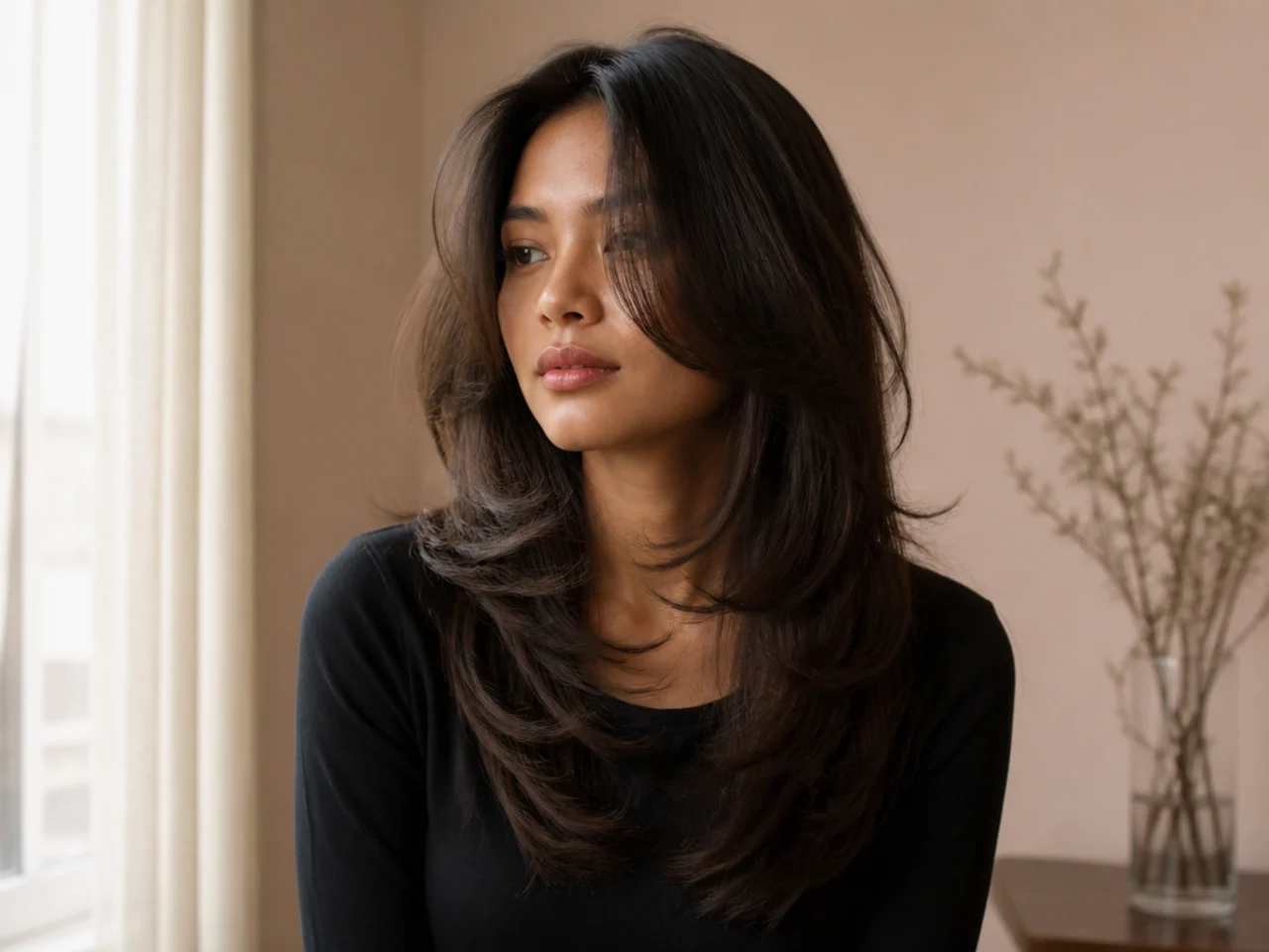A medium butterfly haircut on thick hair