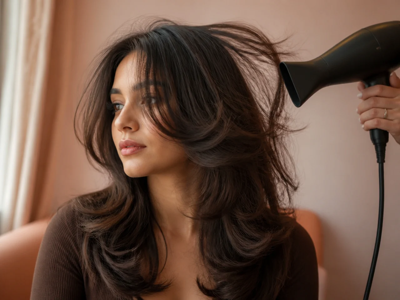 A butterfly haircut being dried away from the face