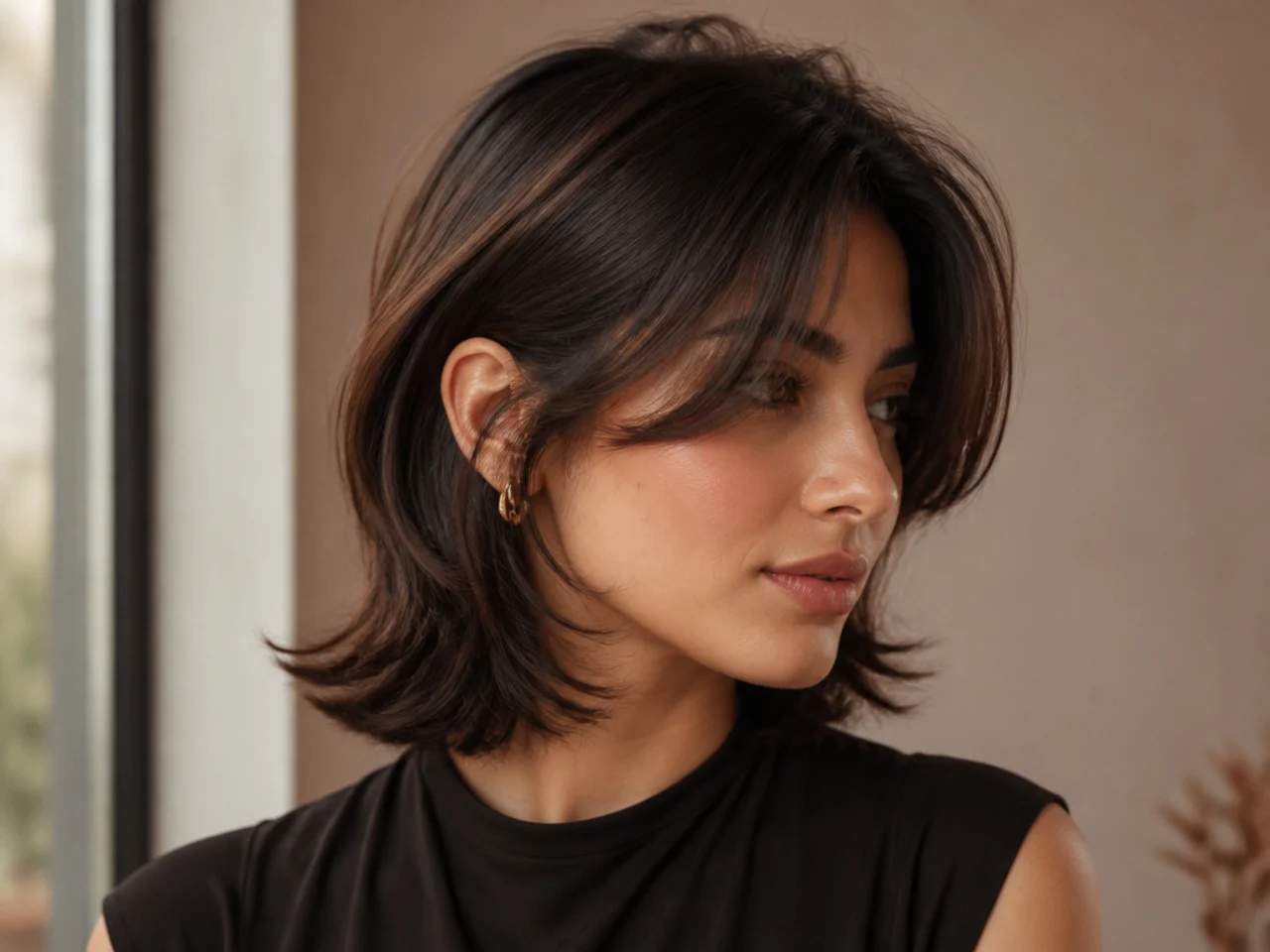 A short butterfly cut with one side tucked behind the ear