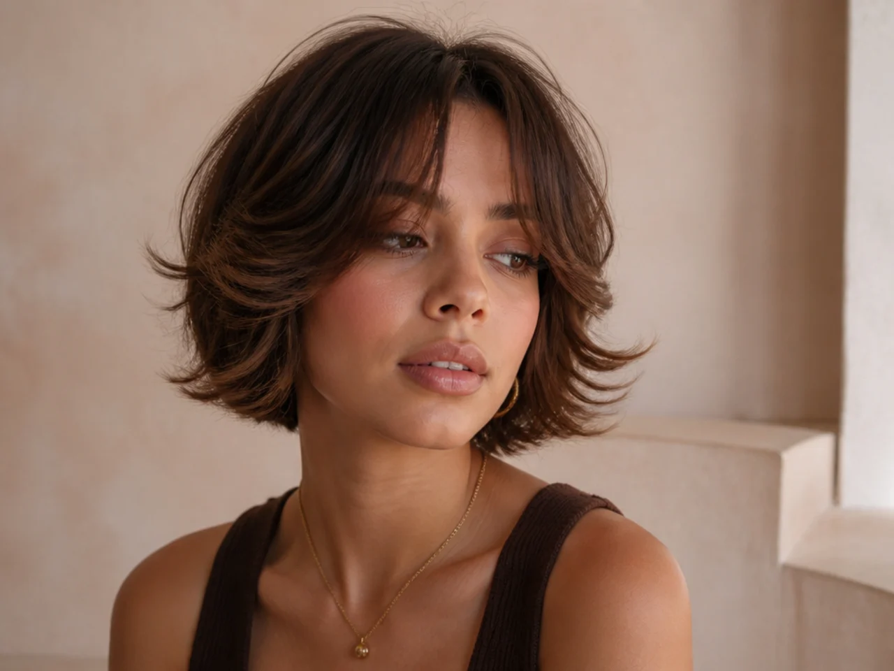 A short butterfly bob with curtain bangs