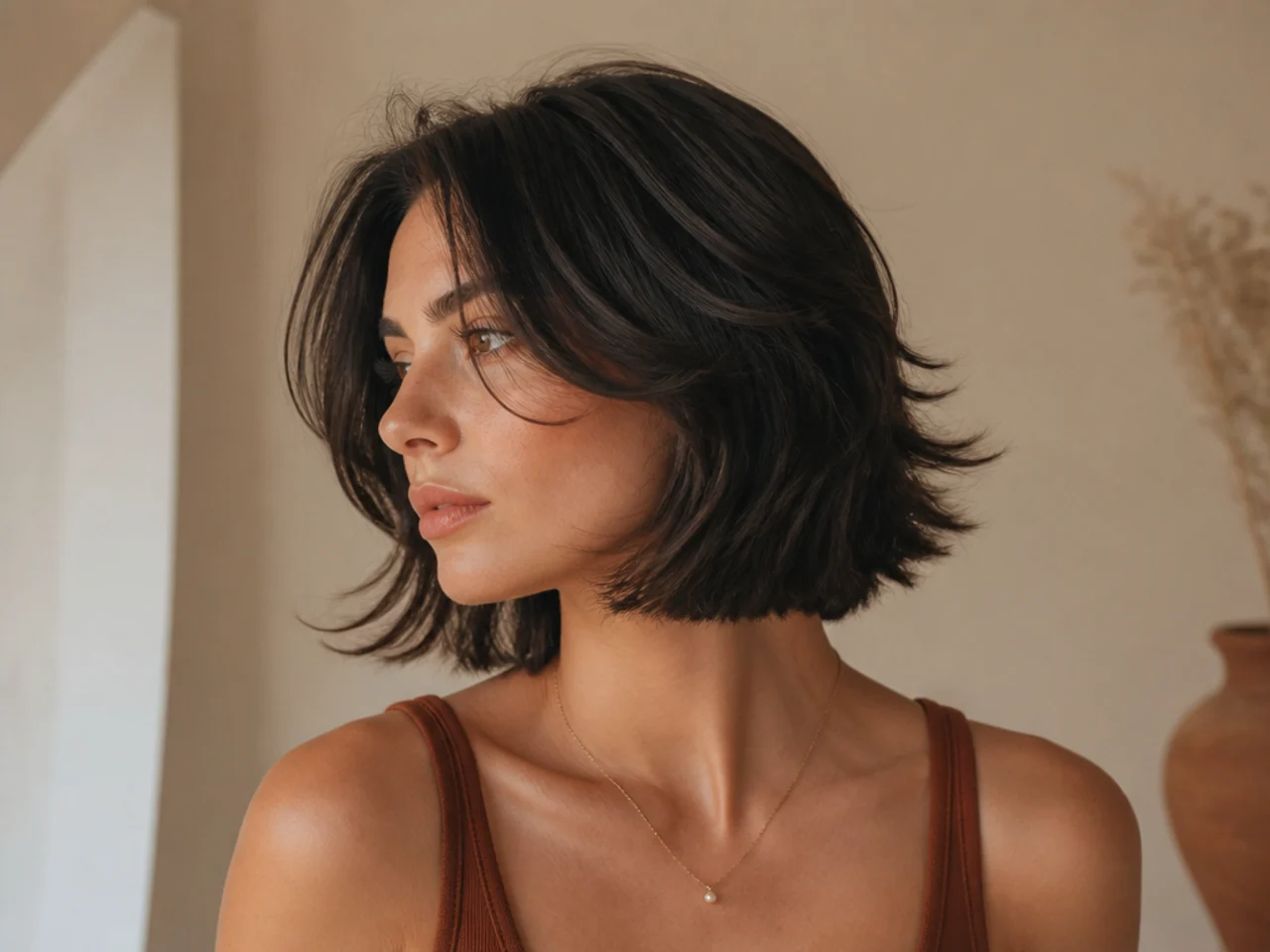 A short butterfly cut with a hard blunt perimeter