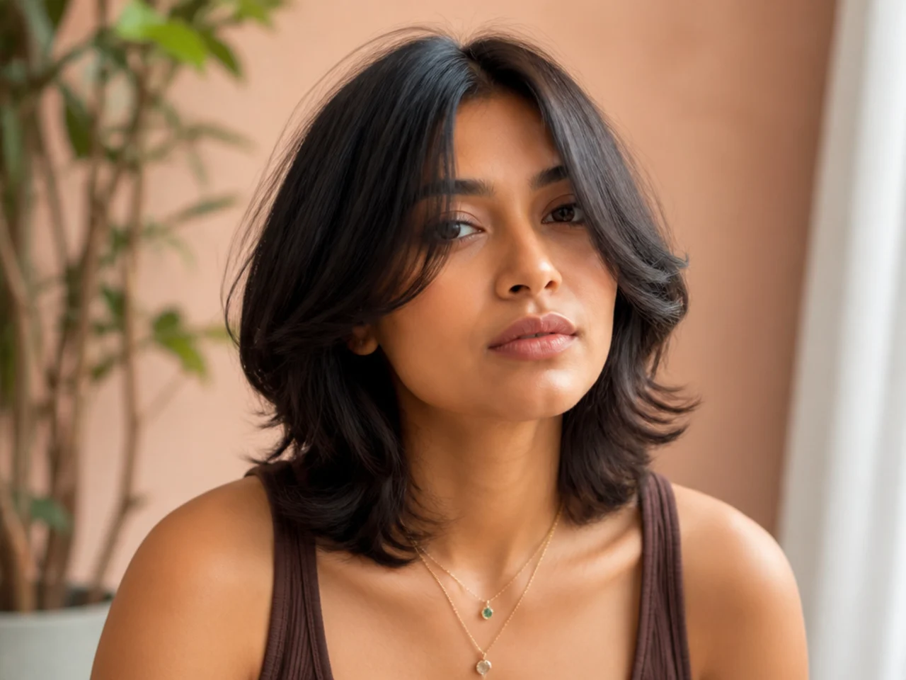 A short butterfly cut with a centre parting