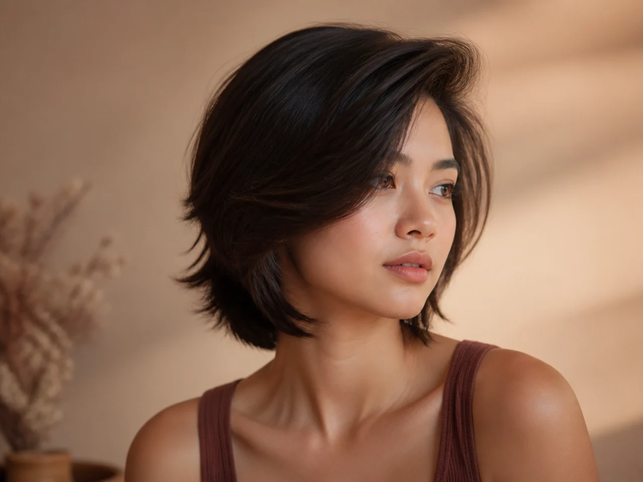 A short butterfly cut with a deep side parting