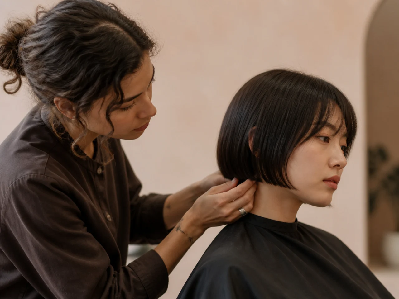 A stylist checking a blunt perimeter on a short fine haired cut