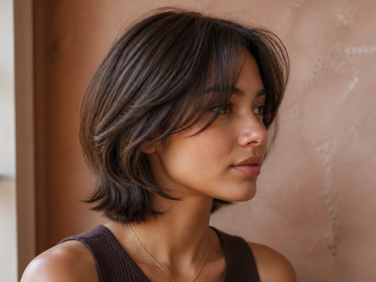 Three quarter view of a short butterfly cut on fine hair