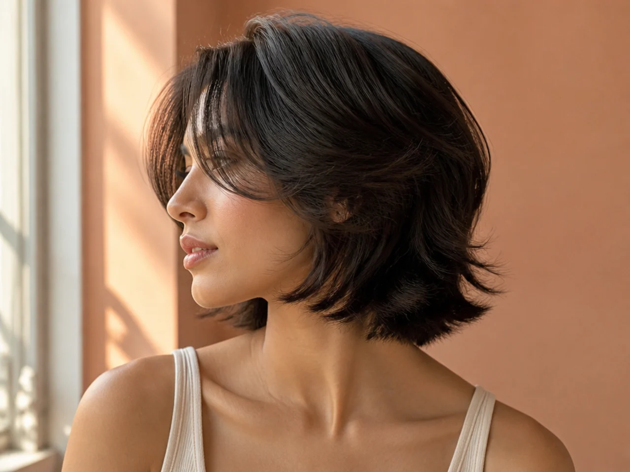A short butterfly cut on thick hair with internal weight removed
