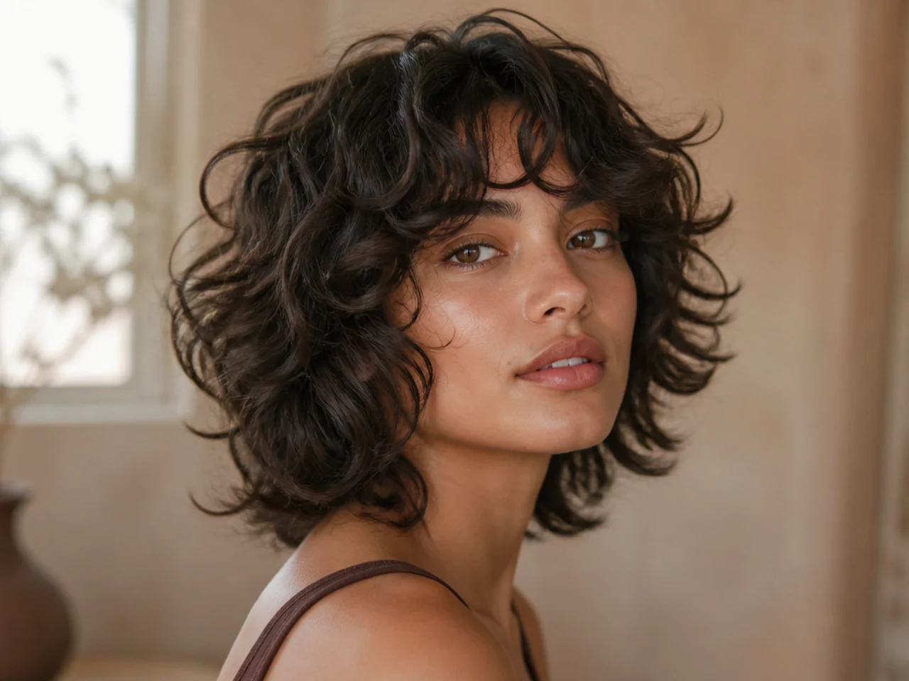 A curly short butterfly cut cut dry
