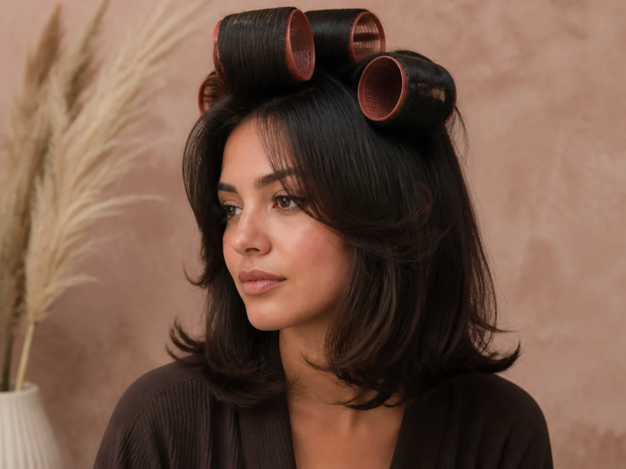 Velcro rollers setting the crown of a short butterfly cut