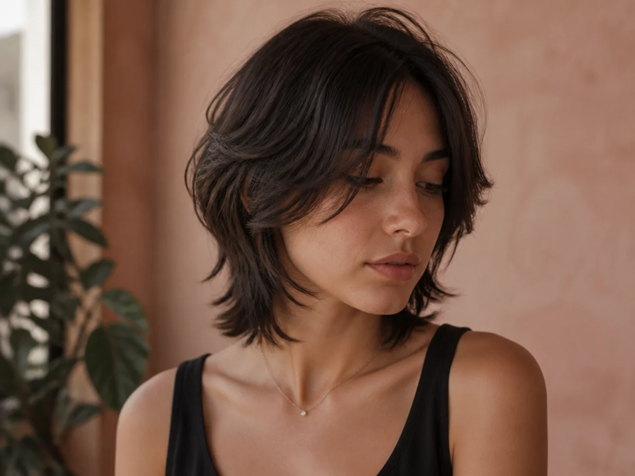 A short butterfly cut with layers overdirected forward